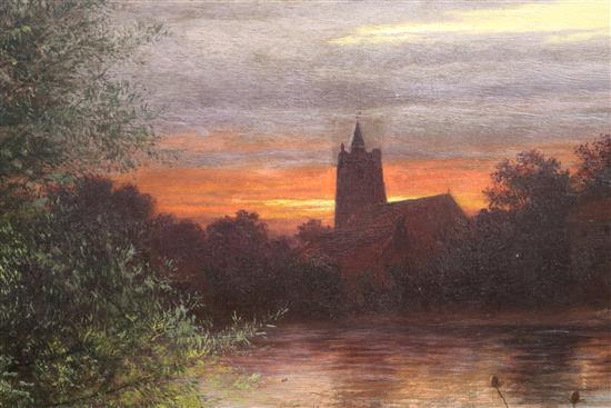 C Stanley (19th C.), oil on canvas, River landscape with church at sunset, signed and dated 1844, 41 x 52cm